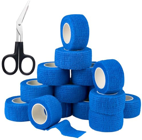 JIANGZHIB 15 Rollen Fingerpflaster Selbsthaftend, 2,5cm x 4m Selbstklebender Verband, Blau Fingerverband Selbsthaftend Mit der Schere, Belüftet Haftbandage Elastische für Erste, Sport, Haustiere