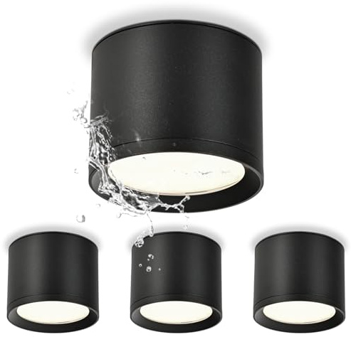 KYOTECH LED Aufbauspots IP44 - Ø84*65mm Deckenspots Schwarz Matt - 6W 550LM GX53 LED Aufbaustrahler - Aluminium 3000K Warmweiß Aufputz 230v Aufbauleuchte Deckenlampe für Bad Badezimmer 4 Stück