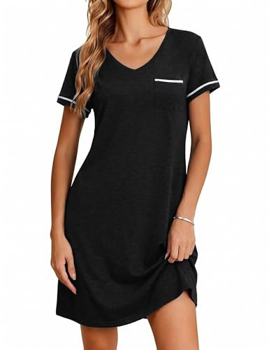 Demegimi Chemise De Nuit Femme Chemises de Nuit Courtes à Manches Courtes en Coton Ete Vetement de Nuit