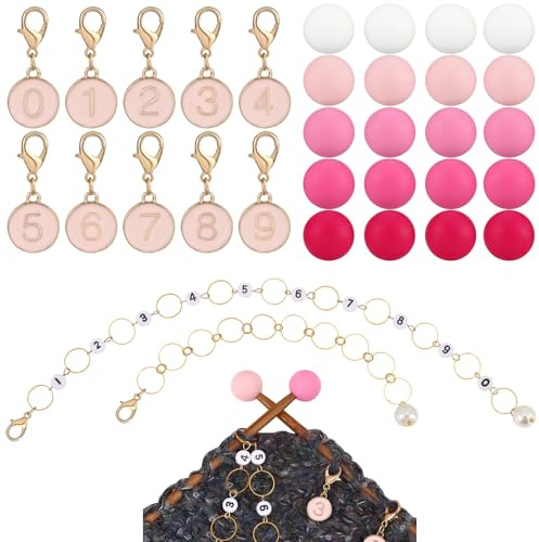 COGCHARGER DIY Knitting Tool Sets 32Pcs Including Alloy Enamel Crochet Stitch Markers Knitting Row Counter Chains Silicone Knitting Needle Stoppers for Knitting Project（Pearl Pink）