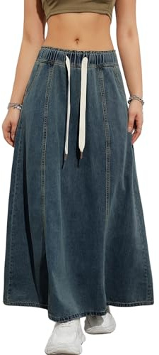 yoeasy Gonna da Donna in Denim Elastica a Vita Alta con Coulisse Casual fluida Swing A-Line Lunga Maxi Svasata Gonna in Denim, Blu Scuro, XL