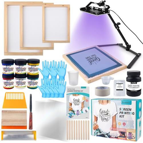 Ecoofor Siebdruck-Set – 53-teiliges All-in-One-Set mit 50-W-UV-Belichtungslampe, 3 Größen Holz-Siebdruckrahmen, 6 Farben Siebdrucktinte, 15 A4-Tintenstrahl-Transparenzfolien