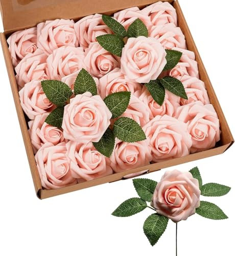 Probuk Lot de 25 Roses Artificielles avec Tiges pour Mariage, Décoration d'anniversaire, Saint-Valentin, Fête ou Maison