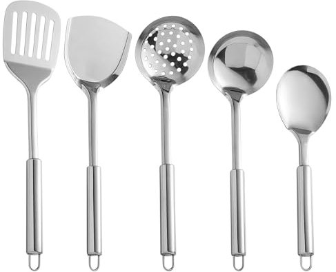 Sporgo Juego de utensilios de cocina de acero inoxidable: juego de 5 utensilios de cocina de acero inoxidable, juego de cucharones de cocina, utensilios de cocina con cucharón, espumadera, espátula