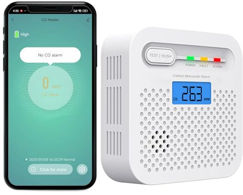 Détecteur de CO WiFi 10 Ans Batterie - Alarme Monoxyde de Carbone avec Écran LCD, Notifications SmartLife/Tuya en Temps Réel - Maison, Bureau, Chambre, Camping-Car (Pack de1)