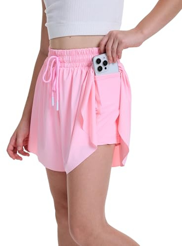 ANTLOOWW Korta byxor för flickor, med fickor, ventilerande cykelbyxor, flickor, sommar, stretch, barnshorts för löpning, gymnastik, fritid, skola, ROSA, 5-8 år