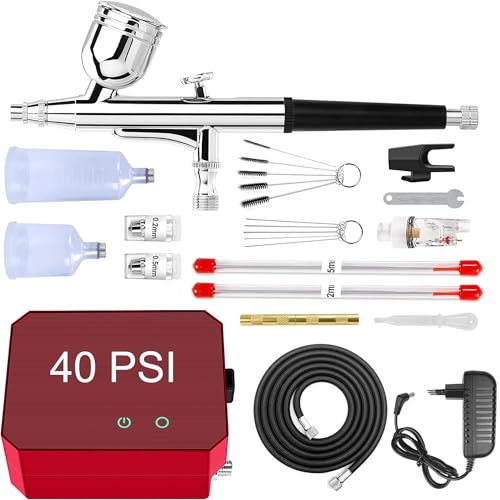 Powate 40PSI Airbrush Set Kompressor Dual Action 3 Modi 0,3/0,3/0,5mm Düse 9CC Tasse Airbrush Pistole für Makeup, Kunsthandwerk, Nageldesign, Tattoo-Modellierung, Malerei, Rot