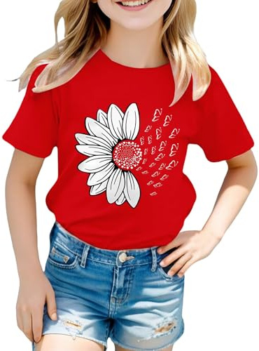 Mjjsk T-shirts d'été à manches courtes et col rond avec motif tournesol pour filles, décontracté, confortable, doux, hauts tendance pour les vacances, Rouge, 12-13 ans
