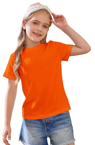 Mjjsk Camisetas de Verano para niñas, Elegantes, Ligeras, de Manga Corta, Lisas, cómodas, Suaves, básicas, Informales, para niños, Naranja, 3-4 años