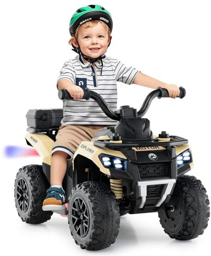 Maxmass 6V Kids Electric Quad Bike, Battery Powered Ride on ATV Car with Spray Function, Horn, Music, LED Lights, Storage Basket, Children Electric Vehicle Toy Cars for 18+ Months Old (Khaki)