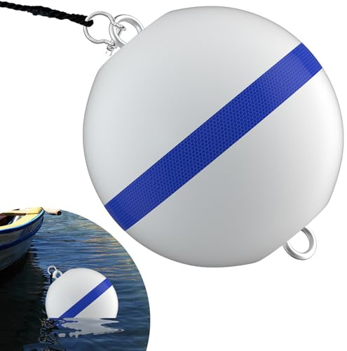 FHNI 12 Mooring Buoy, White Ball Boat Buoy with Reflective Blue Stripe, Includes D-Shackle and Rope for Boat Anchoring and Water Marking