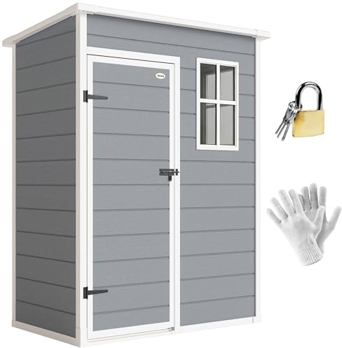 Outsunny Gerätehaus Kunststoff 1,14m² 151 x 92 x 193cm Geräteschuppen mit Pultdach Boden Fenster Abschließbarer Tür wetterfest Gartenhaus Outdoor Garten Schuppen für Hinterhof Grau