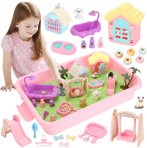Vasmeiy Sabbia Cinetica Bambini Sand Castello di Sabbia Cinetica Shimmer Pet Sensorik Magic Sand Set di giochi per Animali Domestici e Sandbox con Coperchio Sabbias Magica per Bambini 3-7 Anni