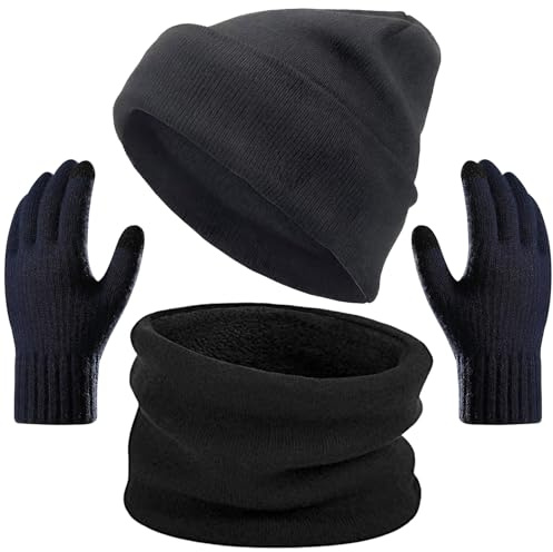 Kids Hat Scarf Gloves Set, Winter Beanie Scarf Gloves Set, Winter Knitted Warm Beanie with Ear Protection, Neck Warmer and Touchscreen for Boys and Girls - 3 Piece
