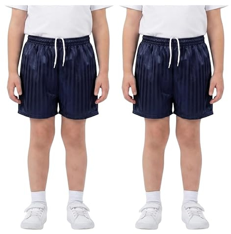 Pack of 2 Unisex PE Shorts Kids Boys Girls Adults School Sports Shadow Stripe Elasticated Waist Drawstring Gym Football Games Uniform Shorts Made in UK Navy Blue 13-14 Years