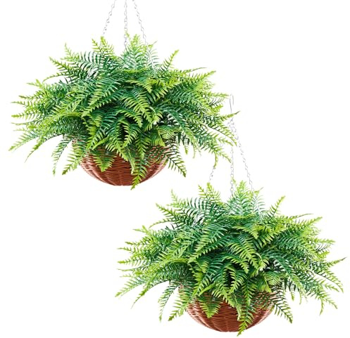 VEVOR Artificial Ferns, 2 Pcs Fake Hanging Boston Fern Bush Plant with 23 Inch Hanging Length, Plastic Faux Greenery for Indoor and Outdoor Decor, for Wall, Wedding Party, Home, Porch Garden, Office