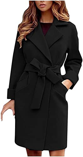 ASKSA Dam Kläder, medellång vinterjacka, elegant trenchcoat, jackor med bälte, vinterjacka, varm, långärmad, shacket vinterparkas, pojkvän dufflecoat, svart, S