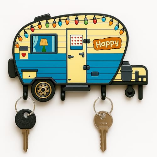 3dcrafter Camper Key Holder for Wall – No Drill No Holes, Adhesive Wall Mount Rack for Keys and Accessories – Cute Vintage Decor for Inside RV or Trailers – Stick On (Yellow/Blue)