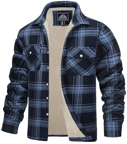 TACVASEN Checked Shirt for Men Outdoor Work Jackets Winter Flannel Fleece Shirts Lumberjack Shirt with Pocket Grey Blue L