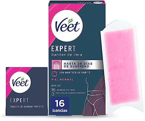 Veet Expert Bande di Cera Fredda Depilazione Inglese, Area Bikini, Burro di Karité, 16 strisce