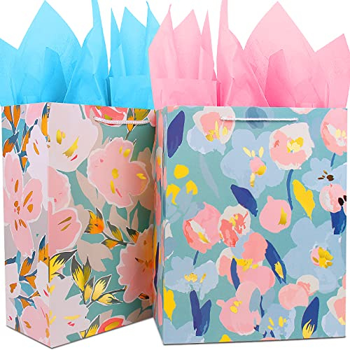 Gift Bag Medium and Tissue Paper,Birthday Gift Bags for Woman Female Girl Her,Luxury Gift Bag Set with Flower Gold Design for Present,Small Gift Bag Birthday Gift Wrap Bag