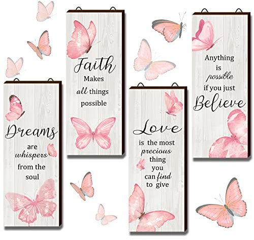 4 piezas Dreams Faith Love Believe Decoración de pared Elegante Lila Mariposa Madera Otoño Hojas de arce Mariposa Decoración Colgante Inspirador Arte de Pared Rústico Accesorios de Baño para el Hogar