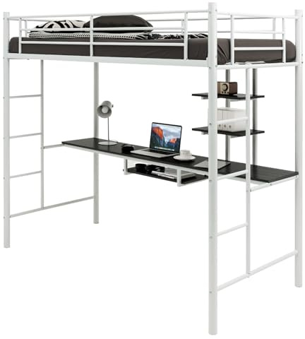 COSTWAY Lit Mezzanine en Métal avec Bureau, 2 Étagères et 2 Echelles, Lit pour Enfants et Adultes avec Lattes en Métal et Garde-Corps sur Toute la Longueur, pour Matelas de 90 x 190 cm (Blanc)