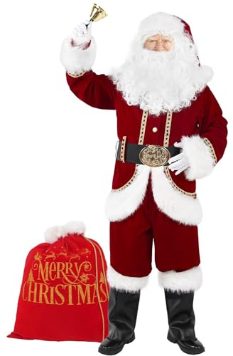 Boveco Christmas Men’s Santa Costume Set adult 11 Pcs Deluxe Santa Claus Costume Suit Velvet for Xmas Holiday Party Cosplay