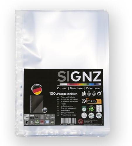 SIGNZ Prospekthüllen (DIN A4, starke 80 my), 100 Stück, glasklar, CO2-neutral hergestellt, made in Germany