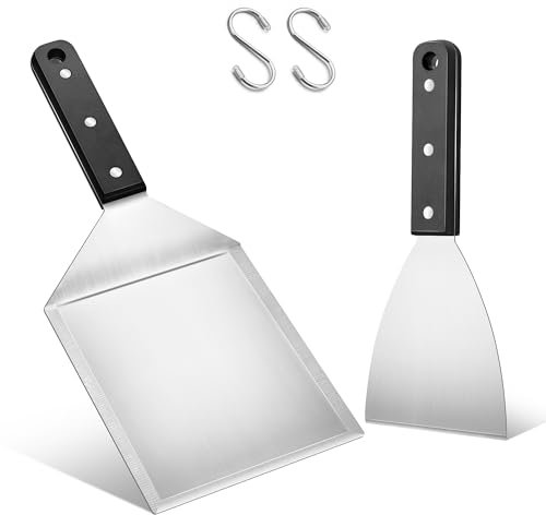 Herogo Grillspachtel Set, 2 Stück Edelstahl Plancha Spachtels und Groß Grillwender für Smash Burger, Teppanyaki, BBQ Zubehör, Grill Geschenke für Männer, Spülmaschinenfest - ABS Kunststoffgriff