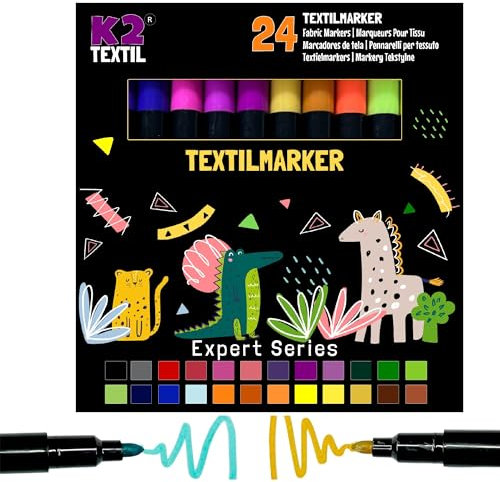 K2 TEXTIL 24 Textilstifte Waschmaschinenfest, Textilmarker zum Bemalen, Textilfarben für Textilien & Schuhe, Stoffmarker - Für Kinder Geeignet (24er Pack)