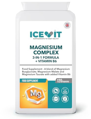 ICEVIT Magnesium Complex 375mg, 3 Forms + B6, 120 Vegan Capsules | Three-form blend with bisglycinate, malate and taurine chelate; up to 120 servings with flexible daily intake.