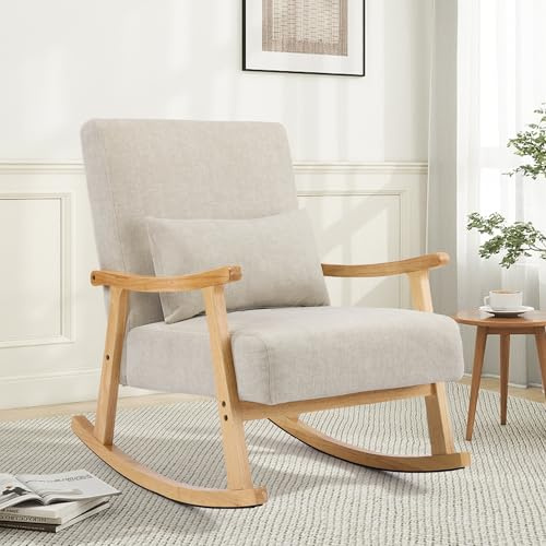 Aunekiv Rocking Chair Modern Upholstered Glider Rocker Chairs with Wood Legs Armchair for Small Spaces Indoor Living Room Bedroom, Grey