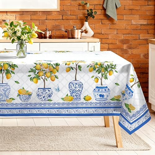 Arquiel Tovaglia Rettangolare Lavabile in Lavatrice 152x213 cm, Albero di Limoni Blu Vintage, Tessuto Impermeabile No Stiro Design per Cucina, Sala da Pranzo e Giardino