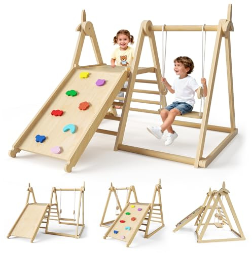 5-in-1 Wooden Climbing Frame, Swing, Slide, Climbing ladder, Climbing board, and Windmill,Foldable Montessori Indoor/Outdoor Jungle Gym for Toddlers