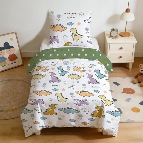 DJDEA Ropa de cama infantil de algodón con diseño de dinosaurios (2 piezas) - Ropa de cama infantil de 135 x 200 cm con funda de almohada de 80 x 80 cm para niños y niñas con cremallera