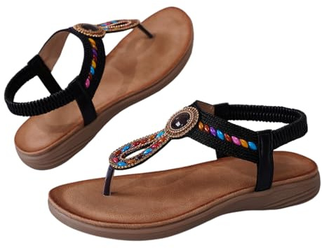 Nuoke sandalias deportivas mujer,sandalias planas, planas con tiras en T y cuentas para, con piedras preciosas de colores y elástico Transparentes (Black, 38)