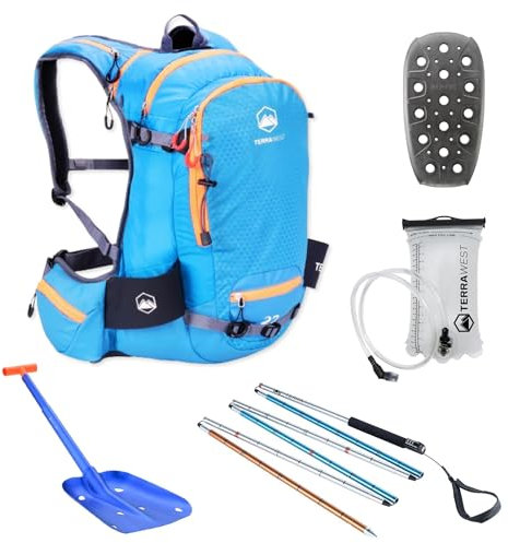 TerraWest Core Avalanche Kit, Skierucksack inkl. Recco & abnehmbarem Rückenprotektor, Core Plus Schaufel, Core 240 cm Quick Lock Probe, Backcountry Skifahren, Snowboarden (blau)