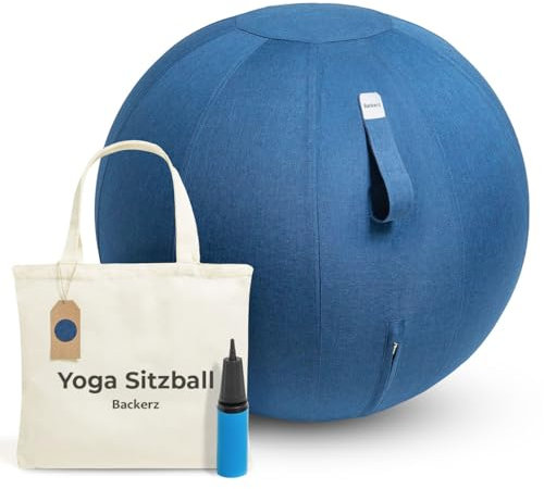 Backerz Sitzball 65 cm - Ergonomische Sitzmöbel für Büro und Heimbüro - Langlebiger Stoff, Gymnastikball - Fitness-Ball, Ballstuhl mit Ballauflage - Waschbarer Leinenbezug - Dunkelblau