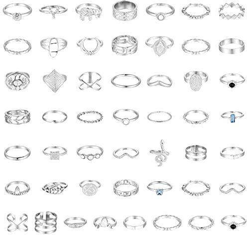 Bestomrogh 50 Pcs Retro Vintage Knuckle Joint Rings Set for Women Girls Silver Pear and Round Cut White Cubic Zirconia Engagement Mid Finger Stackable Rings