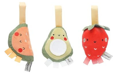 Pearhead Fruit Stroller Toys, Stocking Stuffers for Babies, Newborn Ideas, Plush Interactive Toy Set for Baby Car Seat with Hanging Mirror, Strawberry Avocado Watermelon, Set of 3