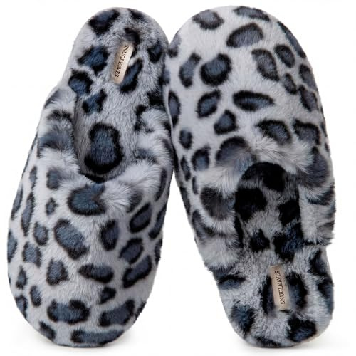 Snug Leaves Women's Fuzzy Scuff Slippers Soft Comfy Memory Foam Non-slip Indoor House Shoes (Cheetah Gray Size 7-8)