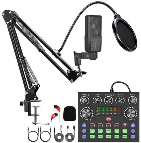 KoolMika Podcast Equipment Bundle, Audio Interface with DJ Mixer and Studio Broadcast Microphone, Perfect for Recording, Live Streaming,Gaming,Compatible with PC,Smartphone,Play Station