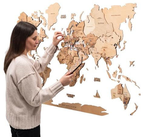 Enjoy The Wood Mappa Mondiale in Legno 3D Arte da Parete Grande Decorazione da Parete Idea Regalo per Inaugurazione Casa Mappa Mondiale in Legno per Viaggi Casa e Cucina o Ufficio (M, Light)