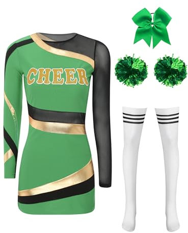 Linjinx Damen Cheer Leader Kostüm 4pcs Langarm Cheer Leader Kleid mit Pompoms Overknee Strümpfe Haarreif Cheerleading Outfits Halloween Kostüm Grün XL