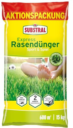 Substral Express Rasendünger Sport & Spiel 15 kg – Schnelle Düngewirkung für kräftigen, strapazierfähigen Rasen in nur 7 Tagen – Ideal für Streuwagen & Robotermäher – Reich an Stickstoff & Kalium