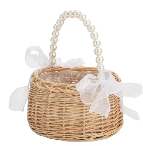 Moreeulsi Wicker Flower Girl Basket, Rattan Flower Baskets, Handwoven Flower Basket With Handle, Candy Basket For Wedding, Handwoven Easter Basket For Home Decor, 15x20cm