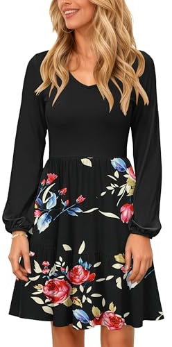 PLOKNRD Vestido de Cuello V Manga Larga de Mujer con Bolsillo Elegante Vestidos en Capas Falda Corta Casual de Otoño e Invierno