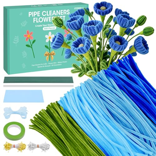 500 Piezas Limpiapipas Manualidades, Limpiador de Pipas para Manualidades,Set de Limpiapipas Flores Tulipán,Flores Decoración Kit Limpia Pipas con Cinta adhesiva, Estambres (azul)