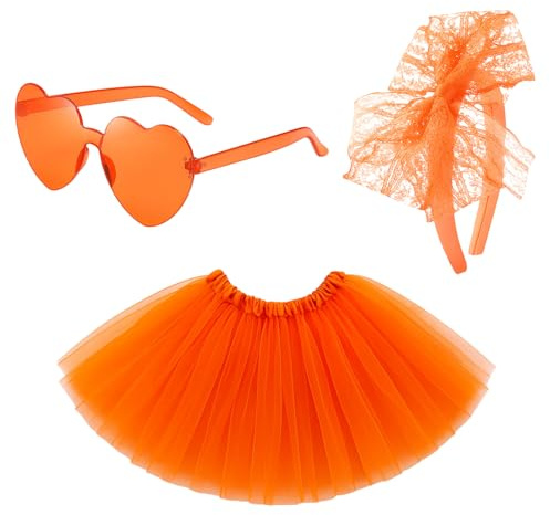 3 Pcs Orange Tutu Set for Women and Girls, Tutu Skirts for Women, Orange Skirt, Ballet Skirt with Hairband and Glasses, Dance Costume for Halloween, Christmas, and Birthday Parties